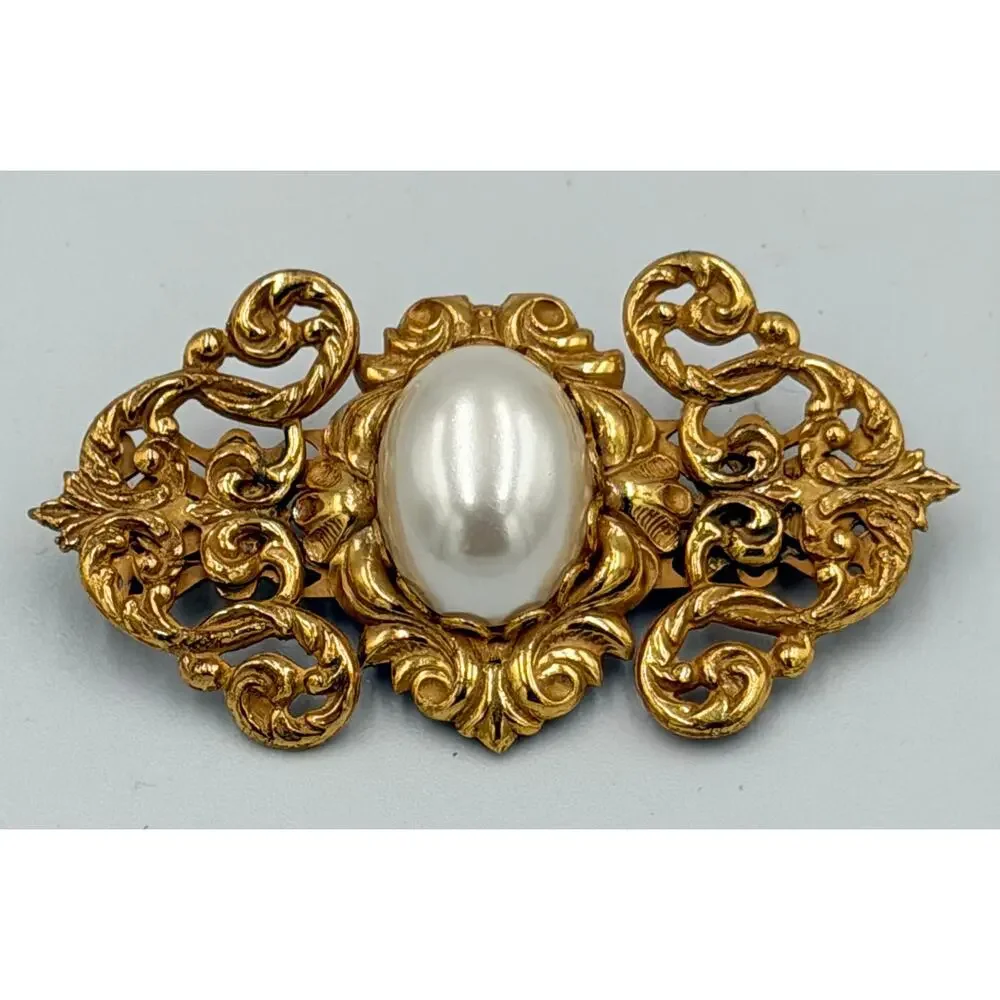 Miriam Haskell Faux Pearl, Russian Gilt Filigree Brooch Signed